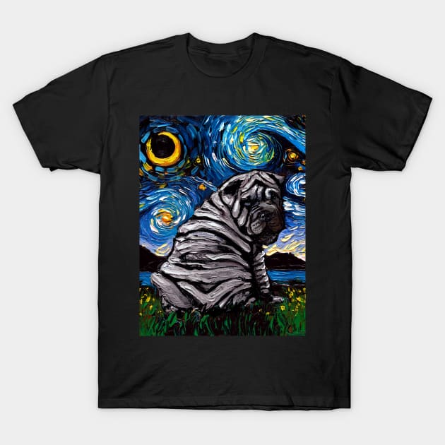 Shar Pei Night (Blue) T-Shirt by sagittariusgallery